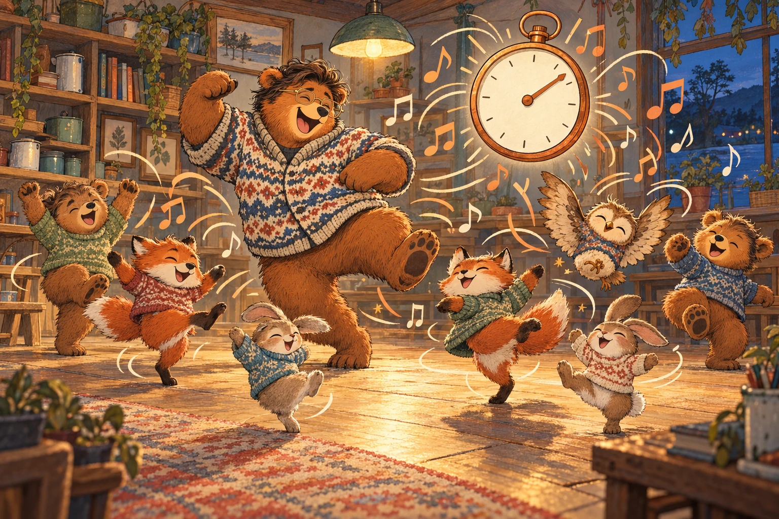 Phil et une classe d’oursons, de renardeaux et de lapins dansent sans s’arrêter pendant une minute ; un grand chronomètre flotte au-dessus d’eux.