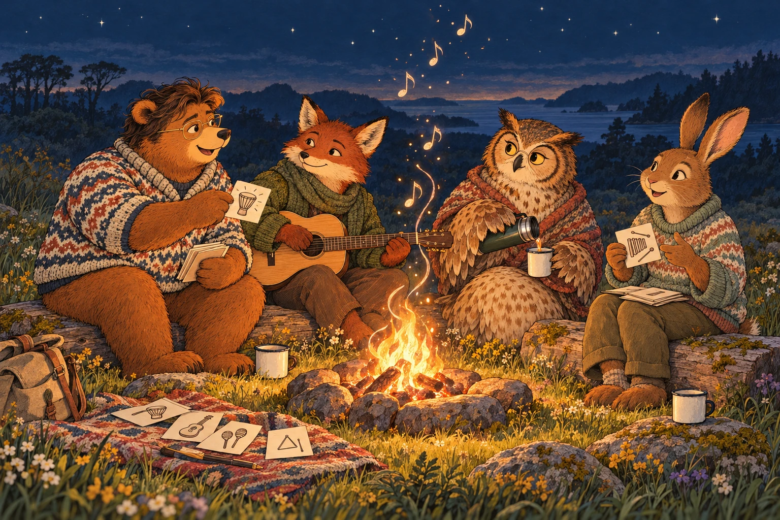 Autour d’un feu, le soir, Phil, un renard, une chouette et un lapin partagent des idées, des cartes et une guitare.