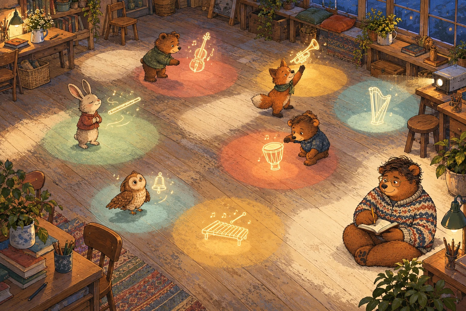 Des zones de lumière colorées au sol, chacune avec son instrument ; les petits explorent, Phil prend des notes assis dans une zone de silence.