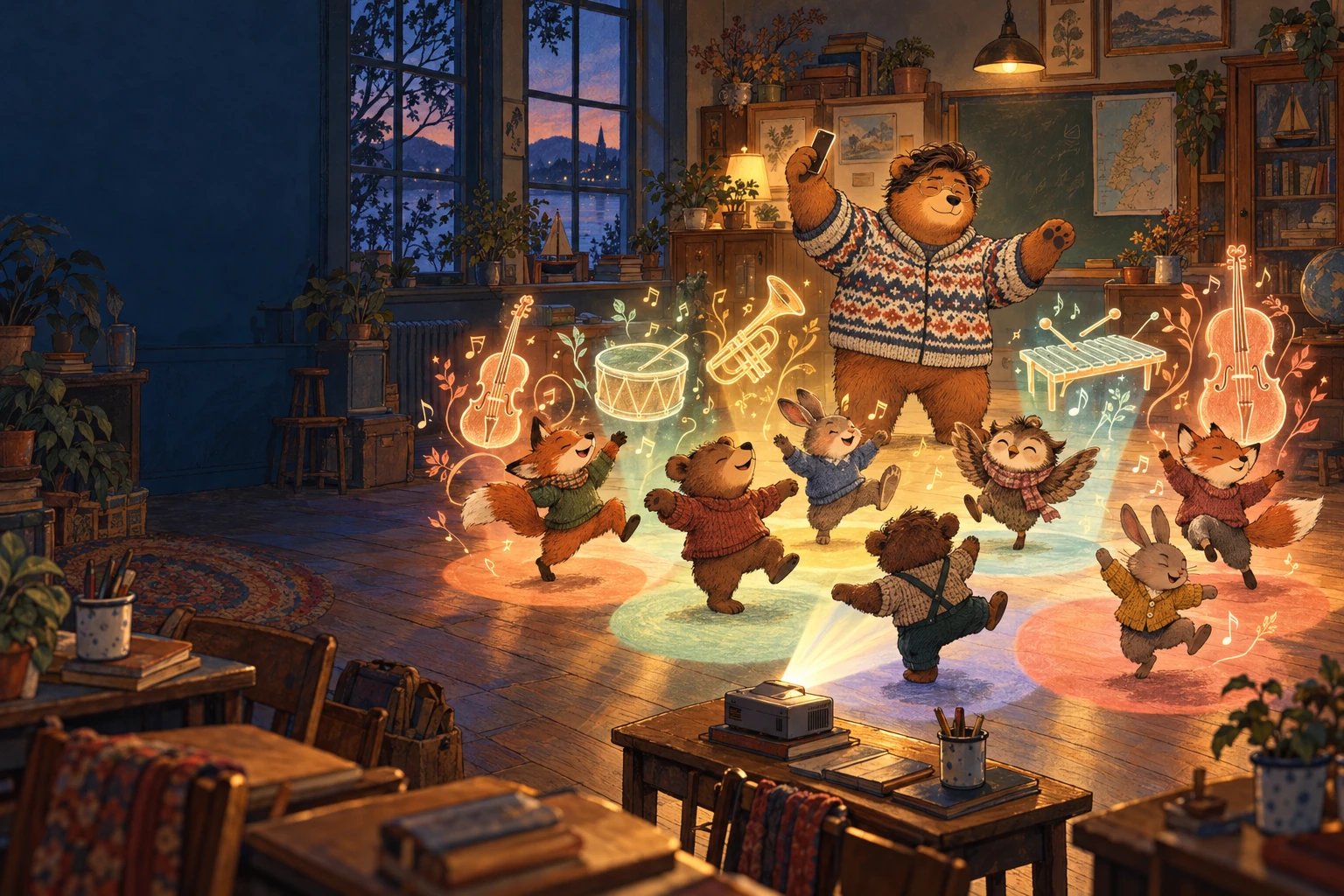 Phil, l’ours, dirige avec un téléphone une classe d’oursons, de renardeaux et de lapins qui dansent dans des zones de lumière colorées.