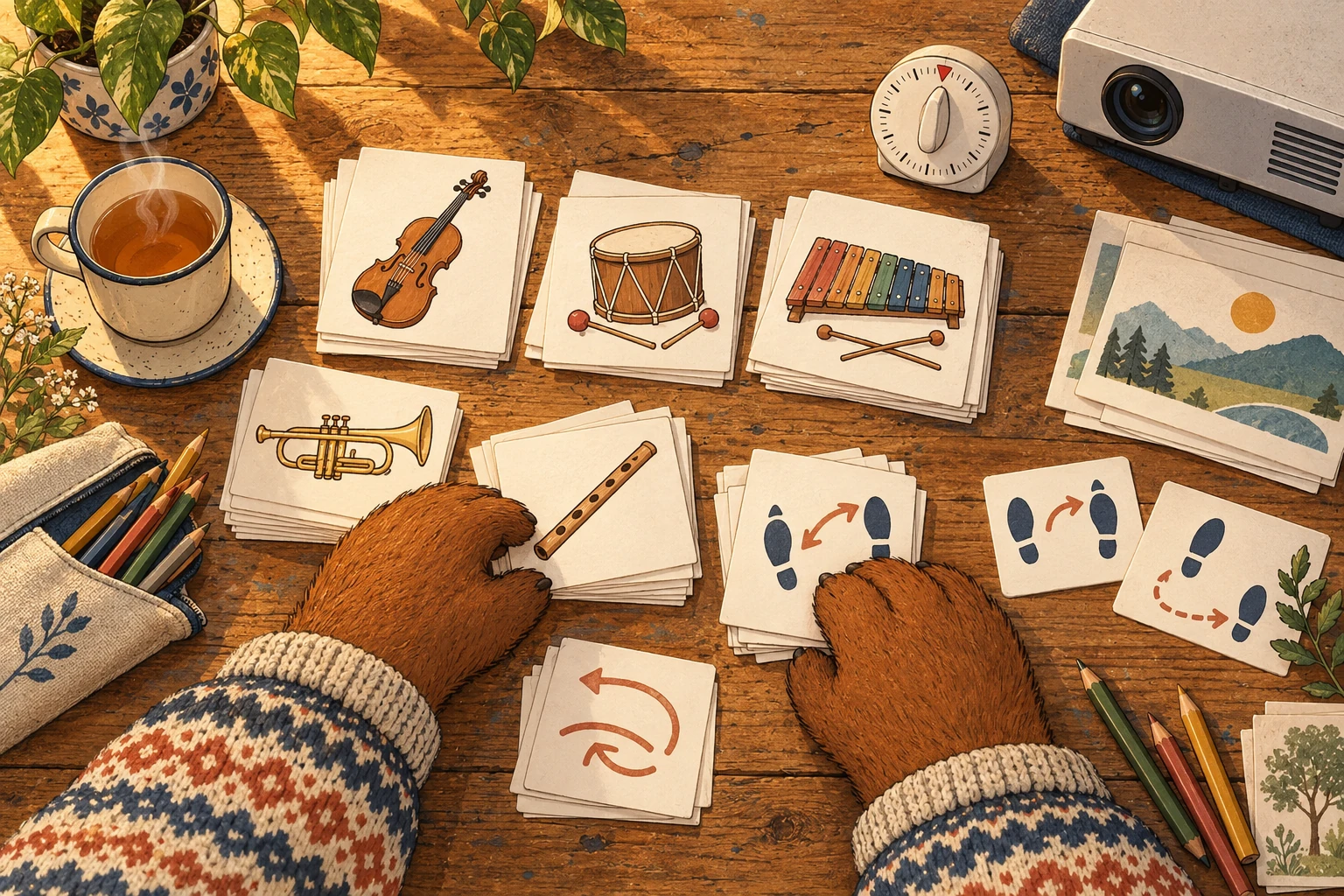 Les pattes de Phil trient des fiches et des cartes illustrées d’instruments sur une table en bois.